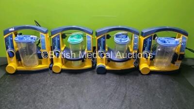 4 x Laerdal LSU Suction Units with 4 x Cups and lids (All Power Up, 3 x with Damage to Casing - See Photos)