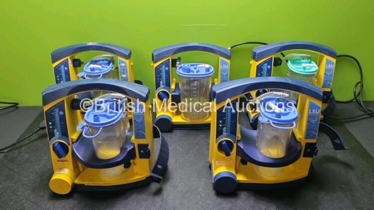 5 x Laerdal LSU Suction Units with 4 x Cups and lids (4 x Power Up, All with Damage to Casing - See Photos)