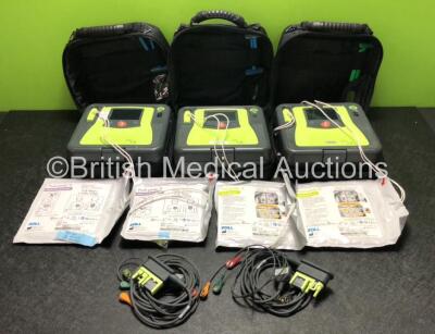 3 x Zoll AED PRO Defibrillators with 3 x Batteries, 2 x 3 Lead ECG Leads, 4 x Electrode Packs *All Expired* in Carry Cases (All Power Up) *SN AA11C020068 / AA13C027930 / AA10C016665*