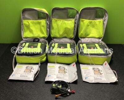 3 x Zoll AED PRO Defibrillators with 3 x Batteries, 1 x 3 Lead ECG Leads, 3 x Electrode Packs *All Expired* in Carry Cases (All Power Up) *SN AA10J019075 / AA10C016707 / AA11C019998*