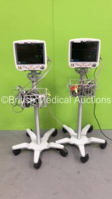 2 x GE Dash 5000 Patient Monitors on Stands with BP1, BP2, SPO2, Temp/Co, NIBP, CO2 and ECG Options (Both Power Up) *S/N SBG07026736GA / SBG07026883GA*