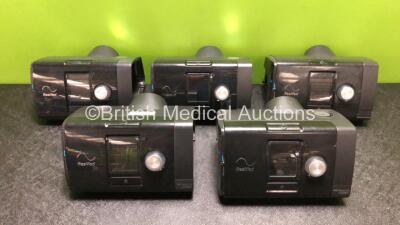 5 x ResMed Airsense 10 Autoset CPAP Units (All Power Up with Stock Power Supply, Power Supply Not Included, All Missing Humidifier Chambers and Side Door Casing, 1 x Missing badge - See Photos)