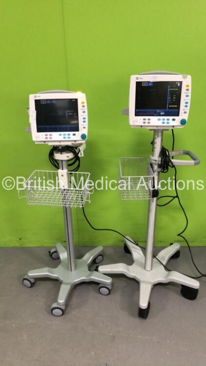 2 x GE B30 Patient Monitors on Stands with 1 x E-PSMPW Multiparameter Module with NIBP, P1, P2, T1, T2, SPO2 and ECG Options and 1 x N-FC-00 Gas Module with Mini D-Fend Water Trap (Both Power Up) *S/N SF13197162WA / SF1313207166WA*