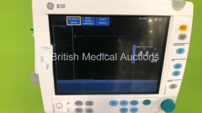 2 x GE B30 Patient Monitors on Stands with 1 x E-PSMPW Multiparameter Module with NIBP, P1, P2, T1, T2, SPO2 and ECG Options and 1 x N-FC-00 Gas Module with Mini D-Fend Water Trap (Both Power Up) *S/N SF13197162WA / SF1313207166WA* - 5