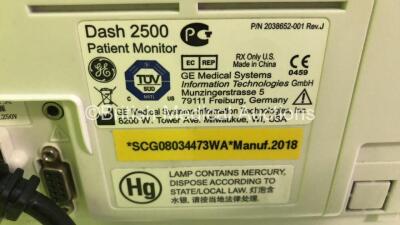 1 x GE Dash 2500 Patient Monitor on Stand with SPO2, ECG and NIBP Options (Powers Up) and 1 x Philips IntelliVue MP30 Patient Monitor on Stand (Damaged Power Button - No Power) with Philips IntelliVue X2 Monitor with Press, Temp, NBP, SPO2 and ECG/Resp Op - 4