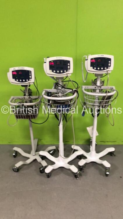 2 x Welch Allyn 53NT0 Vital Signs Monitor on Stand and 1 x Welch Allyn 53NP0 Vital Signs Monitor on Stand (All Power Up) *S/N JA087486 / JA110645 / JA089520*