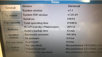 Maquet Servo i Ventilator Model 06487800 System Version 7.1 - System Software Version V7.01.01 - Total Operating Hours - 47840h with Hoses (Powers Up) *C* - 2