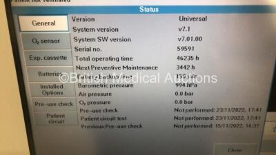 Maquet Servo i Ventilator Model 06487800 System Version 7.1 - System Software Version V7.01.00 - Total Operating Hours - 46235h with Hoses (Powers Up) *C* - 2