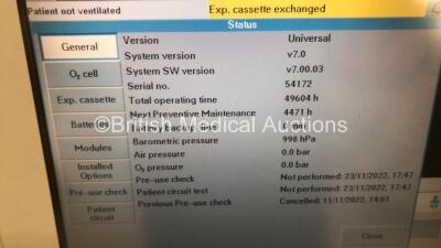 Maquet Servo i Ventilator Model 06487800 System Version 7.0 - System Software Version V7.00.03 - Total Operating Hours - 49604h with Hoses (Powers Up) *C* - 2