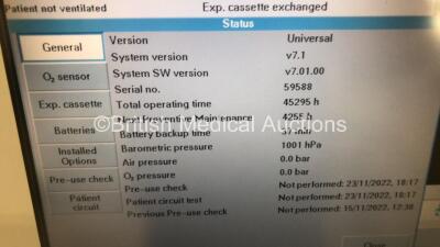 Maquet Servo i Ventilator Model 06487800 System Version 7.0 - System Software Version V7.00.00 - Total Operating Hours - 45295h with Hoses (Powers Up) *C* - 2