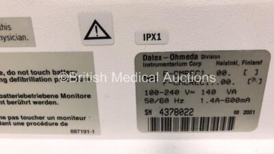 Datex-Ohmeda Compact Anaesthesia Monitor on Stand with E-PRESTN Multiparameter Module with SPO2, T1-2, P1-2, NIBP and ECG Options and Datex-Ohmeda E-CAiOV Gas Module (Powers Up) *S/N 4378022* - 6