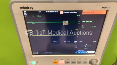 1 x Mindray iPM10 Patient Monitor on Stand with T1, T2, SPO2, ECG and NIBP Options, 1 x Sony UP-D897 Digital Graphic Printer and 1 x GE Monitor on Stand with Module Rack and DIS Module (Powers Up) *S/N DTJ41222119* - 2