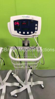 3 x Welch Allyn 53N00 Patient Monitors on Stands with 3 x AC Power Supplies and 2 x SpO2 Leads/Sensors (All Power Up) - 2