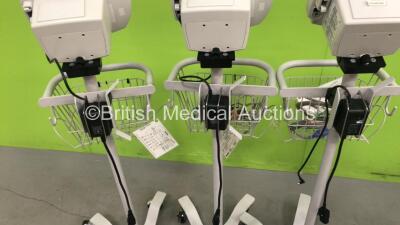 3 x Welch Allyn 53N00 Patient Monitors on Stands with 3 x AC Power Supplies and 2 x SpO2 Leads/Sensors (All Power Up) - 5