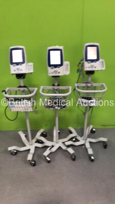 3 x Welch Allyn Spot Vital Signs LXi Patient Monitors on Stands with 3 x AC Power Supplies and 2 x SpO2 Leads/Sensors (All Power Up with 1 x Damaged Display - See Photo)