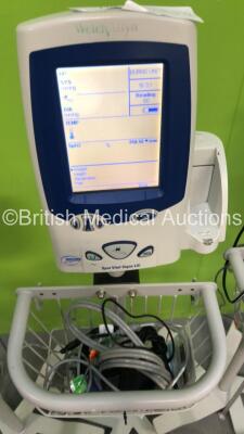 3 x Welch Allyn Spot Vital Signs LXi Patient Monitors on Stands with 3 x AC Power Supplies and 2 x SpO2 Leads/Sensors (All Power Up with 1 x Damaged Display - See Photo) - 3