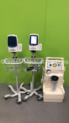 Mixed Lot Including 2 x Welch Allyn Spot Vital Signs LXi Patient Monitors on Stands and 1 x Oxylitre Elite High Mobile Suction Unit with Cup (All Power Up)