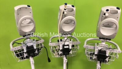 3 x Welch Allyn 53N00 Patient Monitors on Stands with 3 x AC Power Supplies and 2 x SpO2 Leads/Sensors (All Power Up) - 5