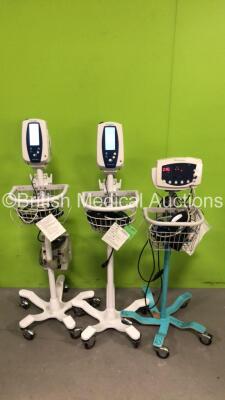 2 x Welch Allyn Spot Vital Signs and 1 x Welch Allyn 53N00 Patient Monitors on Stands with 3 x AC Power Supplies and 3 x SpO2 Leads/Sensors (All Power Up)