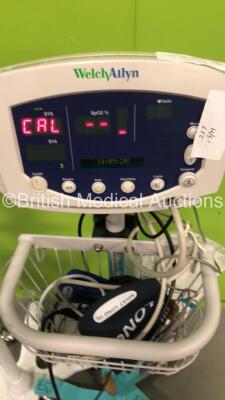 2 x Welch Allyn Spot Vital Signs and 1 x Welch Allyn 53N00 Patient Monitors on Stands with 3 x AC Power Supplies and 3 x SpO2 Leads/Sensors (All Power Up) - 2