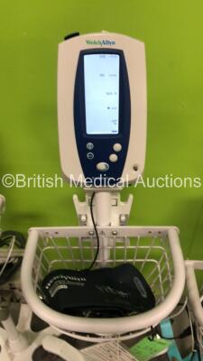 2 x Welch Allyn Spot Vital Signs and 1 x Welch Allyn 53N00 Patient Monitors on Stands with 3 x AC Power Supplies and 3 x SpO2 Leads/Sensors (All Power Up) - 3