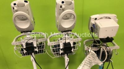 2 x Welch Allyn Spot Vital Signs and 1 x Welch Allyn 53N00 Patient Monitors on Stands with 3 x AC Power Supplies and 3 x SpO2 Leads/Sensors (All Power Up) - 5