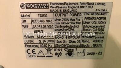 Eschmann TD850 Electrosurgical Diathermy Unit with 1 x Dual Footswitch and 1 x Single Footswitch on Stand (Powers Up with Alarm) *85BD-8C-1043* - 4