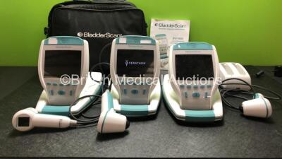 3 x Verathon BVI 9400 Bladder Scanners with 2 x Probes, 2 x Batteries, 1 x Battery Cover in Carry Bags Bladder (All Power Up, 1 with Damaged Carry Bag-See Photo) *SN B4017829, B4017834, *