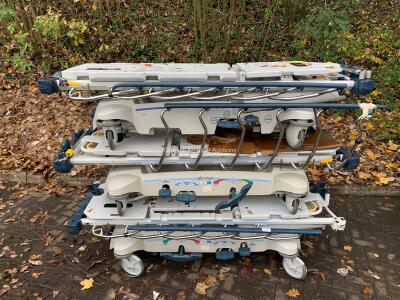 3 x Stryker Transfer Trolleys (Damaged Hand Rails and Wheels - See Pictures)