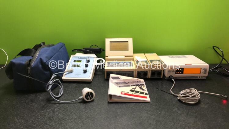 Mixed Lot Including 1 x Shrewsbury Ultrasound 2 Unit with 1 x Transducer / Probe and 1 x AC Power Supply in Carry Bag (Powers Up) 1 x EMS Medilink Control Module (Powers Up with Faint Display Screen-See Photo) 1 x Datex Ohmeda 3800 Pulse Oximeter (Powers