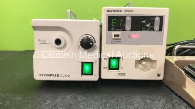 Mixed Lot Including 1 x Olympus Model CLH-2 Halogen Light Source (Powers Up) 1 x Olympus Heat Probe Unit with 1 x Olympus MAJ-528 Footswitch (Powers Up with Fault-See Photo) - 2