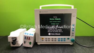 GE Datex Ohmeda Compact Anesthesia Monitor with 1 x Datex Ohmeda E-CAiO Module Including D-fend Water Trap and 1 x Datex Ohmeda E-PRESTN Module Including ECG, NIBP, SpO2, T1, T2 P1 and P2 Options (Powers Up) *SN 6318192, 6432212, 6349590*