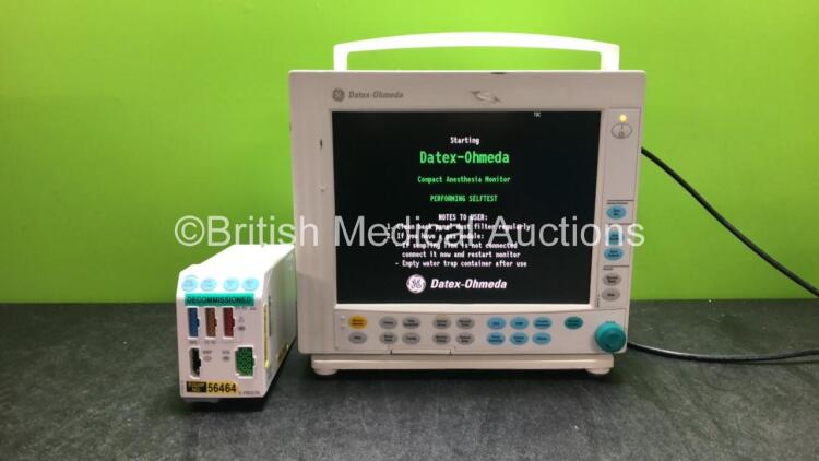 GE Datex Ohmeda Compact Anesthesia Monitor with 1 x Datex Ohmeda E-PRESTN Module Including ECG, NIBP, SpO2, T1, T2 P1 and P2 Options (Powers Up) *SN 6429222, 6349566*