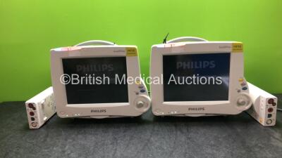 2 x Philips MP30 Anesthesia Patient Monitors with 2 x Philips M3001A Modules Including ECG, SpO2, NBP, Press and Temp Options (Both Power Up)