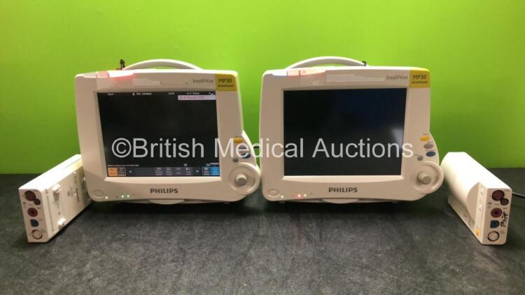 2 x Philips MP30 Anesthesia Patient Monitors with 2 x Philips M3001A Modules Including ECG, SpO2, NBP, Press and Temp Options (Both Power Up)