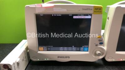 2 x Philips MP30 Anesthesia Patient Monitors with 2 x Philips M3001A Modules Including ECG, SpO2, NBP, Press and Temp Options (Both Power Up) - 2