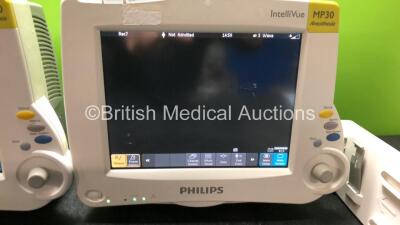 2 x Philips MP30 Anesthesia Patient Monitors with 1x Philips M3001A Module Including ECG, SpO2, NBP, Press and Temp Options and 1 x Philips M3014A Module Including CO2 Press and Temp Options (Both Power Up) - 2