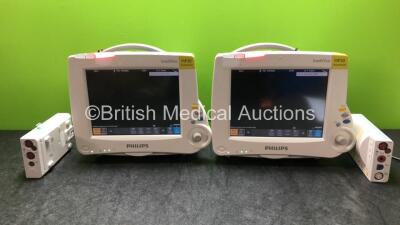 2 x Philips MP30 Anesthesia Patient Monitors with 1x Philips M3001A Module Including ECG, SpO2, NBP, Press and Temp Options and 1 x Philips M3012A Module Including Press and Temp Options (Both Power Up)