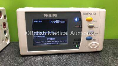 2 x Philips IntelliVue X2 Handheld Patient Monitors Including ECG, SpO2, NBP, Press and Temp Options with 2 x Philips M4607A Batteries (Both Power Up, 1 Damaged 1 with Missing Battery Cover) - 3