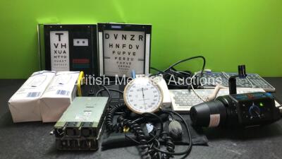 Mixed Lot Including 1 x Eschmann Footswitch, 1 x Summit Medical Vacuum Footswitch (Spares and Repairs) 2 x Olympus Keyboards, 2 x Sussex Vision Eye Tester Boxes, 2 x Lotus Spray Soap Dispenser, 1 x Acusson BP Meter and 1 x Bowens Esprit 125 Light (Powers 