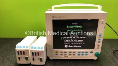 GE Datex Ohmeda Compact Anesthesia Patient Monitor with 2 x GE E-PRESTN Module Including ECG, SpO2, T1, T2, P1 and P2 Options (Powers Up) *SN 6344134, 6316215, 6303215*