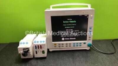 GE Datex Ohmeda Compact Anesthesia Patient Monitor with 1 x GE E-CAiOV-00 Gas Module Including Spirometry Options with D-fend Water Trap and 1 x GE E-PRESTN-00 Module Including ECG, SpO2, P1, P2, T1 and T2 Options (Powers Up) *SN 6346388, 6344950, 6445365