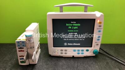 GE Datex Ohmeda FM Light Patient Monitor with 1 x GE N-FC-00 Gas Module with Mini D-fend Water Trap and 1 xGE E-PSMP Module Including ECG, NIBP, SpO2, T1, T2, P1 and P2 Options (Powers Up) *SN 6100876, 6528940, 6514247*