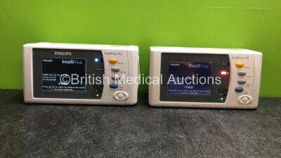 2 x Philips IntelliVue X2 Handheld Portable Patient Monitors Including ECG, SpO2, NBP, Press and Temp Options (Both Power Up when tested with Stock Batteries-Batteries Not Included) *SN DE466G4489, DE03797502*