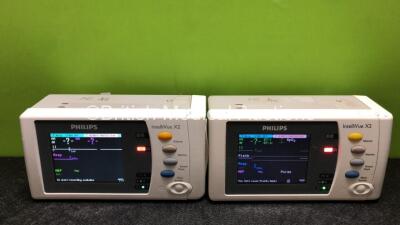 2 x Philips IntelliVue X2 Handheld Portable Patient Monitors Including ECG, SpO2, NBP, Press and Temp Options (Both Power Up with Stock Batteries, 1 x Flat Battery Included)