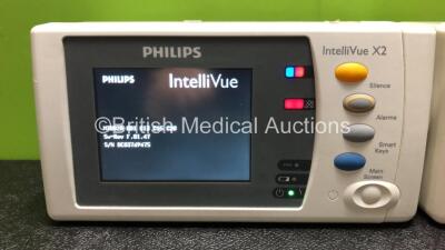 2 x Philips IntelliVue X2 Handheld Portable Patient Monitors Including ECG, SpO2, NBP, Press and Temp Options (Both Power Up with Stock Batteries, 1 x Flat Battery Included) - 2