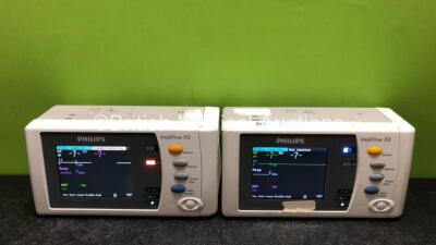 2 x Philips IntelliVue X2 Handheld Portable Patient Monitors Including ECG, SpO2, NBP, Press and Temp Options (Both Power Up with Stock Batteries, Batteries Not Included)