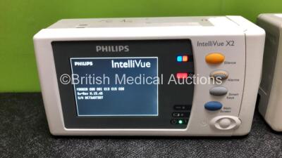 2 x Philips IntelliVue X2 Handheld Portable Patient Monitors Including ECG, SpO2, NBP, Press and Temp Options (Both Power Up with Stock Batteries, Batteries Not Included) - 2