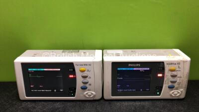 2 x Philips IntelliVue X2 Handheld Portable Patient Monitors Including ECG, SpO2, NBP, Press and Temp Options (Both Power Up with Stock Batteries, Batteries Not Included, 1 x Damage to Casing - See Photos)