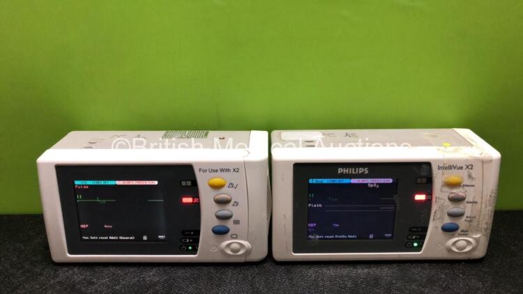 2 x Philips IntelliVue X2 Handheld Portable Patient Monitors Including ECG, SpO2, NBP, Press and Temp Options (Both Power Up with Stock Batteries, Batteries Not Included, 1 x Damage to Casing - See Photos)